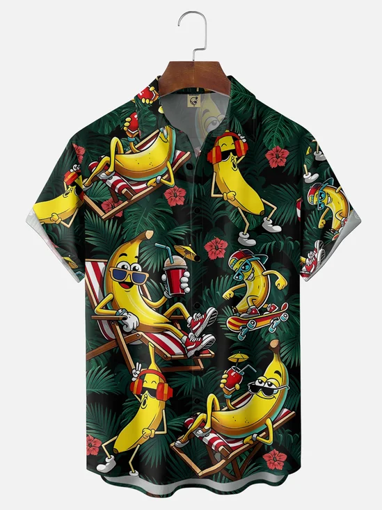 Moisture Wicking Leaf & Banana Print Chest Pocket Holiday Hawaiian Shirt