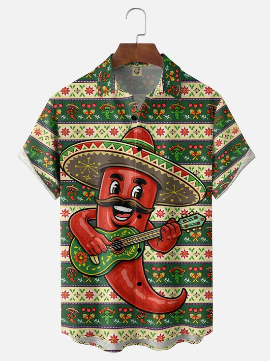 Moisture Wicking Cinco De Mayo Big Hat Chili Man Playing Guitar Chest Pocket Holiday Shirt