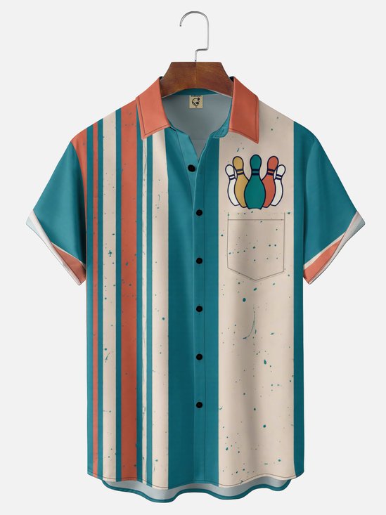 Moisture Wicking Striped Bowling Chest Pocket Holiday Bowling Shirt
