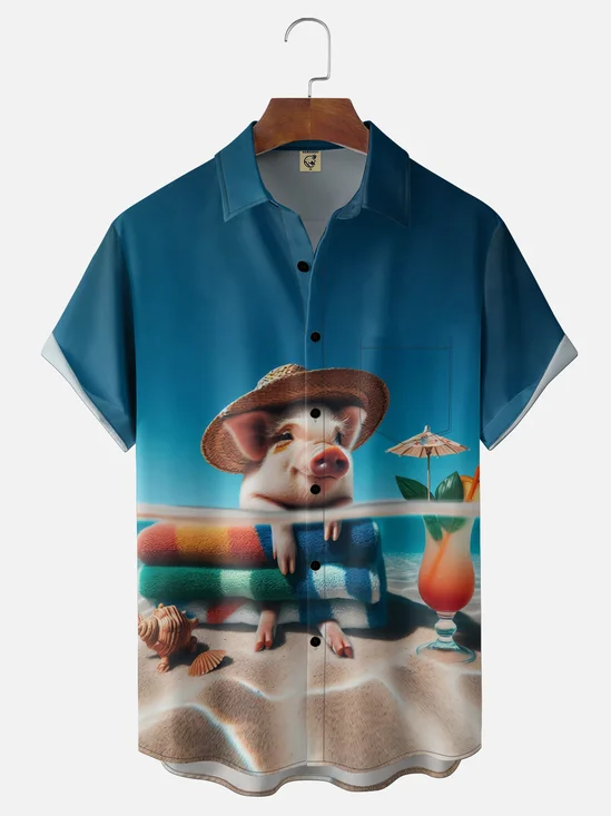 Moisture Wicking Fun Beach Vacation Pig Design Holiday Chest Pocket Hawaiian Shirt