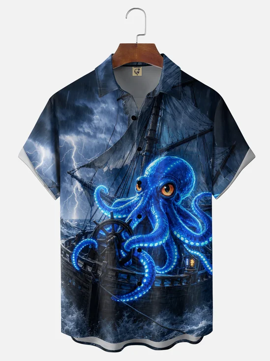 Moisture Wicking Octopus Pirate Ship Chest Pocket  Holiday Hawaiian Shirt