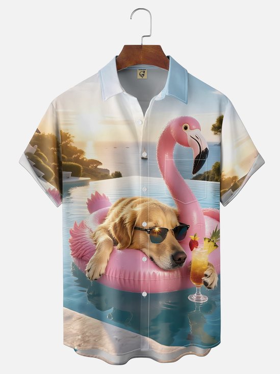 Moisture-wicking Flamingo Dog Pool Chest Pocket Hawaiian Shirt
