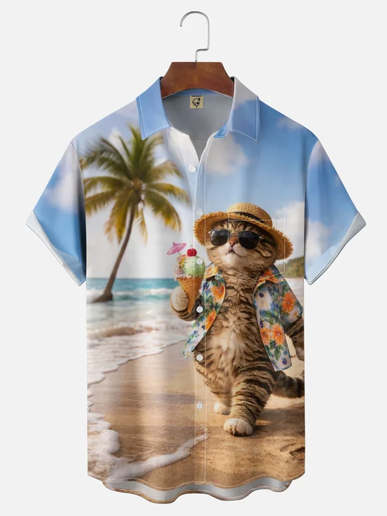 Moisture-wicking Cat Beach Coconut Tree Chest Pocket Hawaiian Shirt