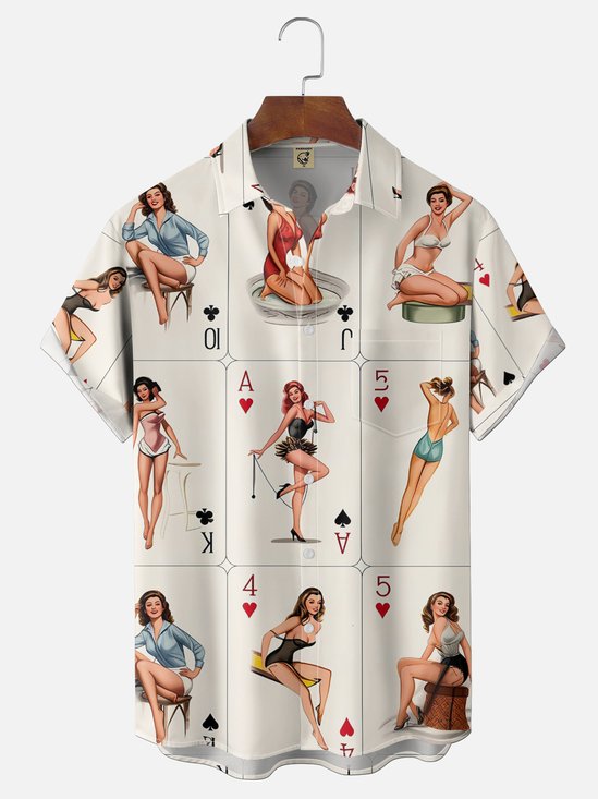 Moisture Wicking Poker Girl Chest Pocke Holiday Hawaiian Shirt