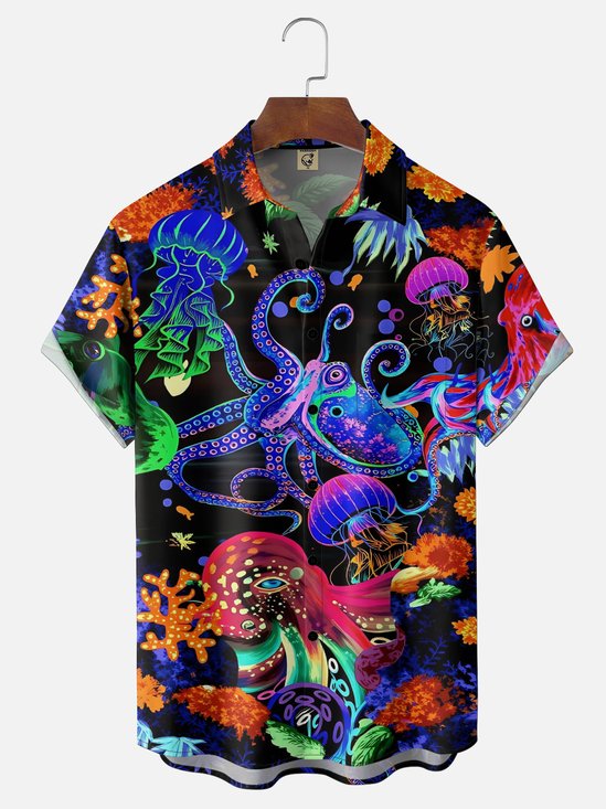 Moisture-Wicking "Ocean World" Octopus & Jellyfish Print  Chest Pocket Holiday Hawaiian Shirt