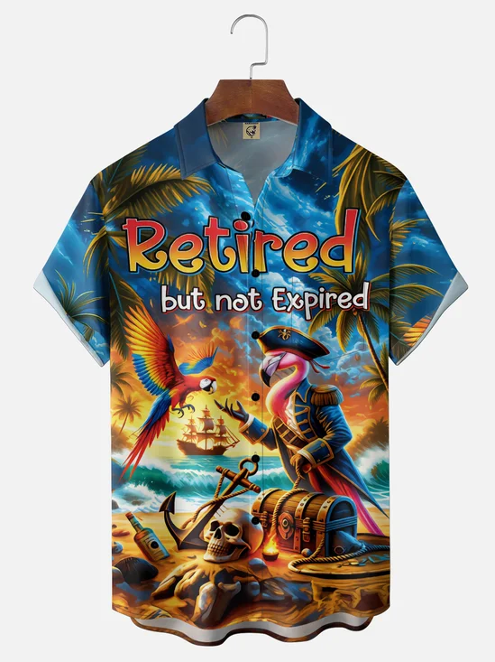 Moisture-Wicking Tropical Parrot & Flamingo Retirement Theme Chest PocketHoliday Hawaiian Shirt
