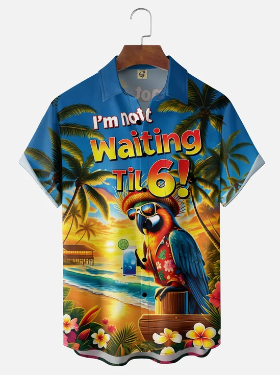 Moisture-Wicking "Tropical Parrot: I Won't Wait Until 6 O'Clock" Chest Pocket  Holiday Hawaiian Shirt
