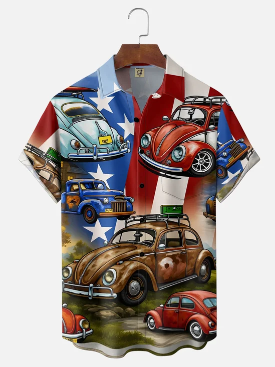 Moisture-Wicking  Vintage Car & American Flag Print and Chest Pocket Holiday Hawaiian Shirt