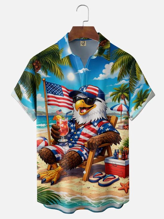 Moisture-Wicking Beach-Style American Eagle Chest Pocket Hawaiian Shirt