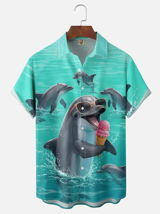 Moisture-Wicking Fun Dolphin Chest Pocket Holiday Hawaiian Shirt