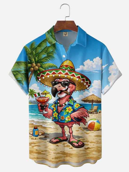 Moisture-Wicking Cinco de Mayo Beach Hat & Flamingo Print Chest Pocket Hawaiian Shirt