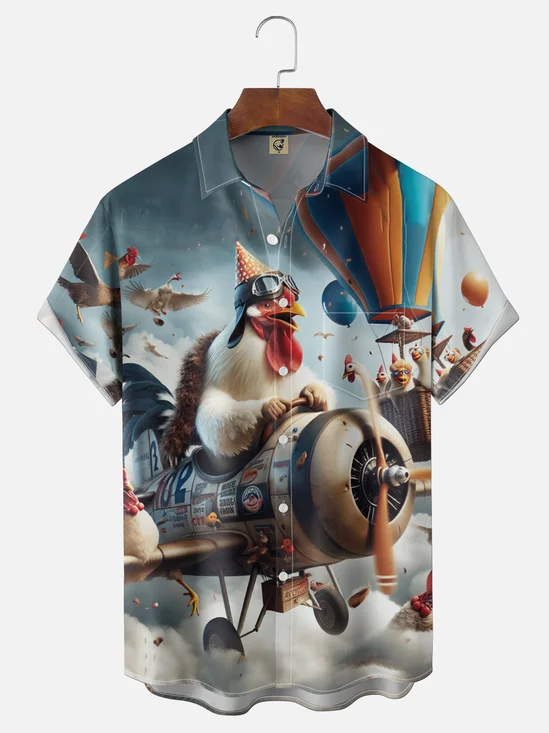Moisture-Wicking Fun Airplane & Chicken Slogan Chest Pocket Holiday Hawaiian Shirt