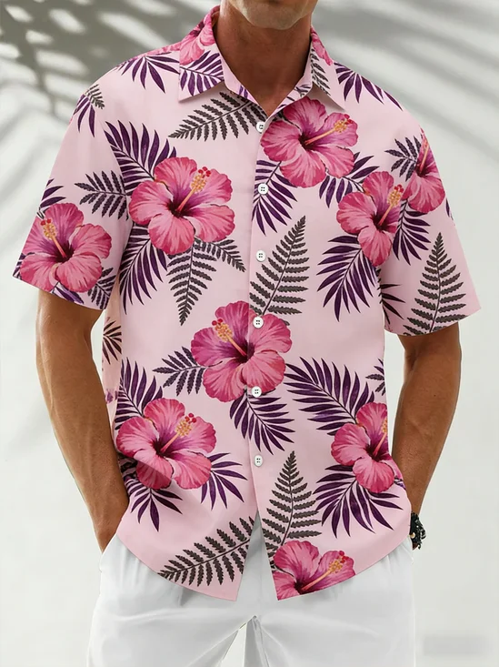 Linen-Texture Botanical Floral Chest Pocket Holiday Hawaiian Shirt