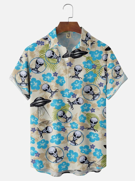 Moisture-Wicking Alien UFO & Floral Chest Pocket Holiday Shirt