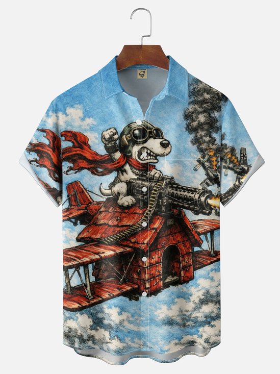 Moisture-Wicking Abstract Airplane & Dog Pattern and Chest Pocket Holiday Hawaiian Shirt