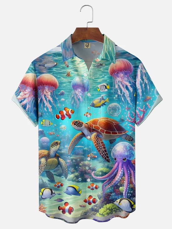 Moisture-Wicking  Undersea World Design Sea Turtles Octopuses and Fish Chest Pocket Holiday Hawaiian Shirt
