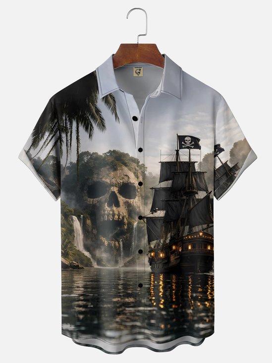 Moisture-wicking Ocean Pirate Ship Skull Chest Pocket Casual Shirt