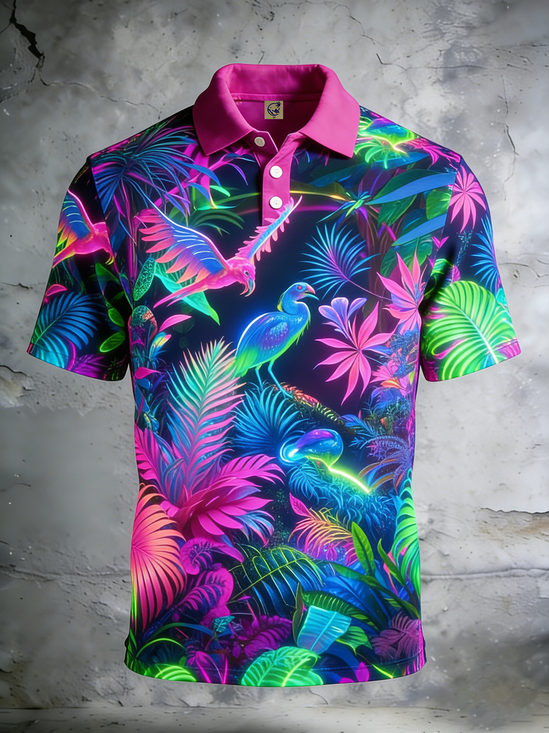 Moisture-Wicking Neon Tropical Leaf & Parrot Short-Sleeve Holiday Golf Polo