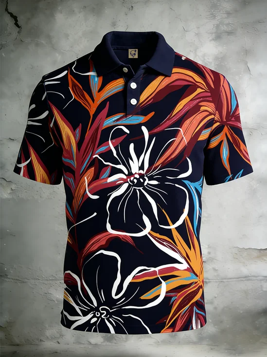 Moisture-Wicking Tropical Botanical & Leaf Print Short-Sleeve Holiday Golf Polo