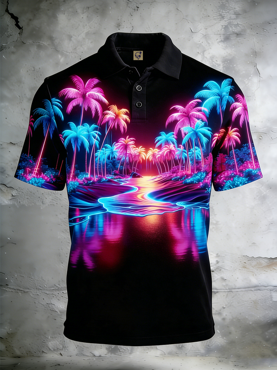 Moisture Wicking 3D Neon Colors Tropical Plants Coconut Trees Beach Short Sleeve Golf Polo