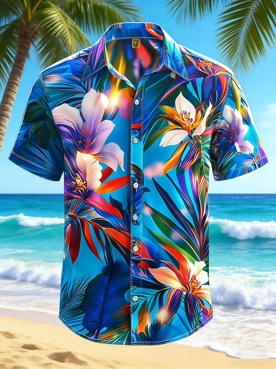 Tall Size Moisture-wicking Tropical Floral Chest Pocket Hawaiian Shirt