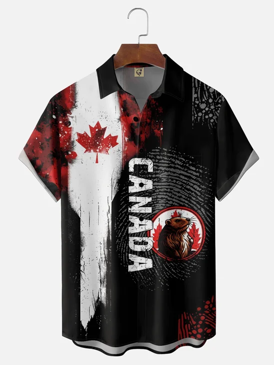 Moisture-Wicking Canada Day-Themed  Featuring National Flag Maple Leaf and Beaver Motifs Chest Pocket Holiday Hawaiian Shirt