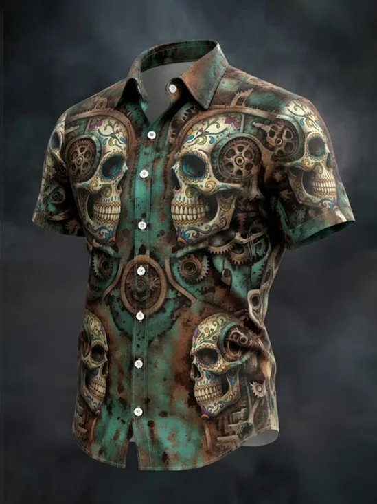 Moisture-Wicking Cinco de Mayo Floral Skull Chest Pocket  Holiday Hawaiian Shirt