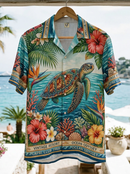 Moisture Wicking Leafy Flowers Ocean Turtle Chest Pocke Holiday Hawaiian Shirt