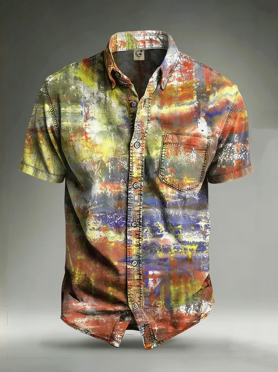 Moisture-Wicking Abstract Gradient Print and Chest Pocket  Holiday Hawaiian Shirt