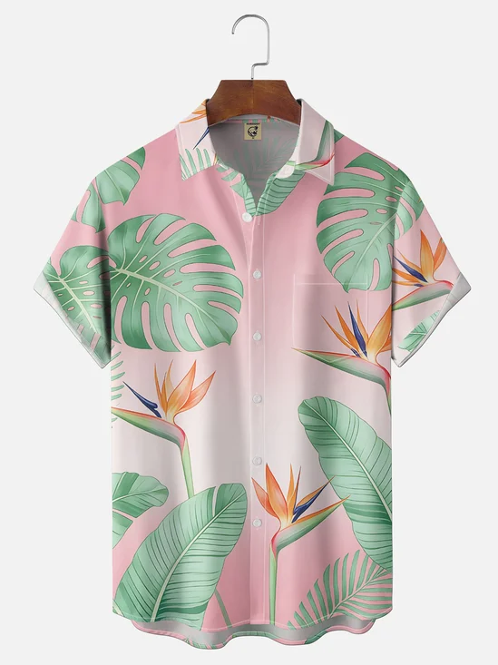 Moisture-Wicking Gradient Palm Leaf & Bird of Paradise Chest Pocket Holiday Shirt