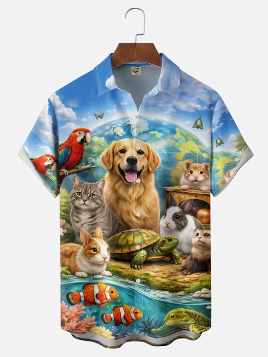 Moisture Wicking Parrot Dog Cat Rabbit Turtle Clown Fish Mouse Chest Pocke Holiday Hawaiian Shirt