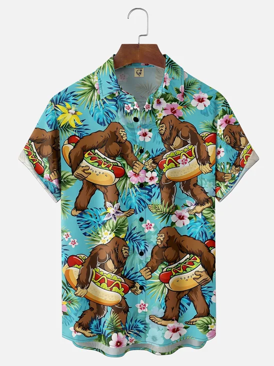 Moisture-Wicking Gradient Tropical Plant Bigfoot & Hot Dog Pattern Chest Pocket Holiday Shirt