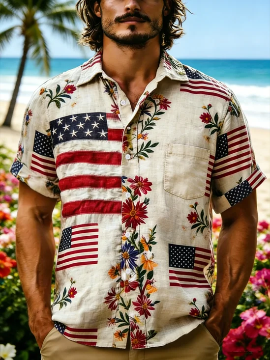 Linen Textured American flag leaf and Floral Chest Pocke Holiday Hawaiian Shirt