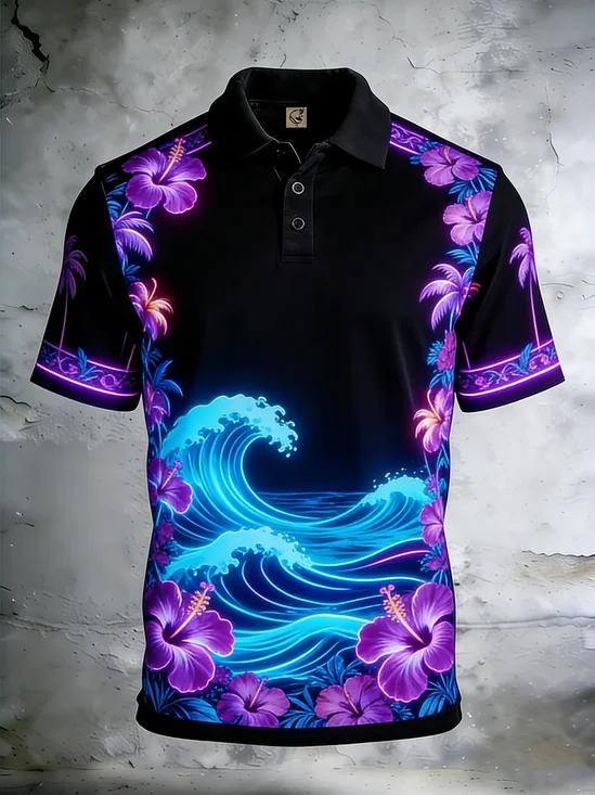 Moisture-Wicking Neon-Colored Coconut Tree Floral Leaf & Wave Pattern Short-Sleeve Holiday Golf Polo