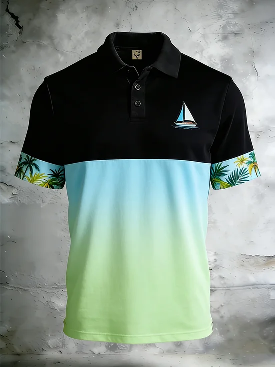 Moisture-Wicking Neon Green Coconut Tree & Sailboat Short-Sleeve Holiday Golf Polo