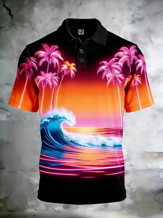 Moisture-Wicking Neon Coconut Tree & Waves Short-Sleeve Holiday Golf Polo
