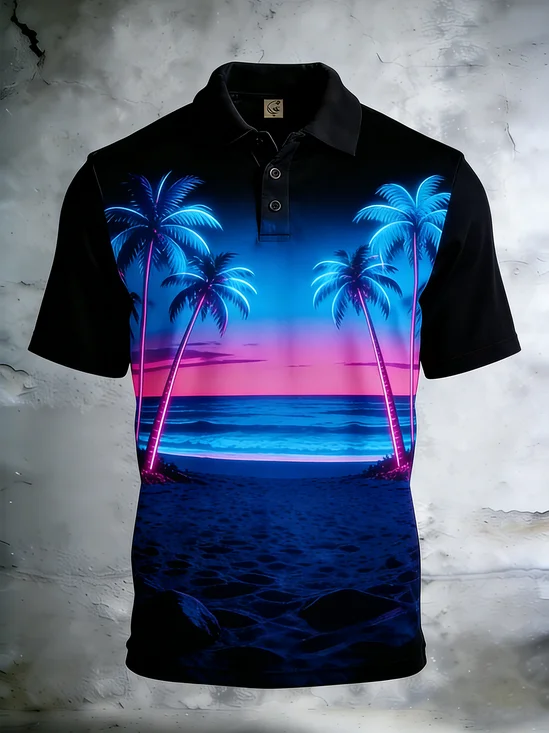 Moisture-Wicking Neon Coconut Tree Beach Short-Sleeve Holiday Golf Polo