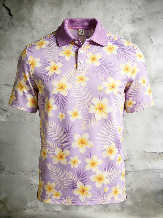 Moisture-Wicking Gradient Tropical Botanical & Leaf Print Short-Sleeve Hawaiian Golf Polo