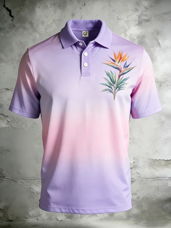 Moisture-Wicking Gradient Tropical Botanical & Bird of Paradise Short-Sleeve Hawaiian Golf Polo