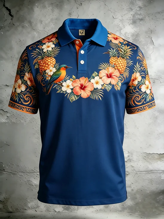 Moisture-Wicking Gradient Floral Pineapple Geometric & Bird Patterns Short-Sleeve Hawaiian Golf Polo