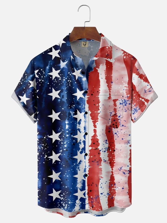 Moisture-Wicking U.S. Independence Day Flag Themed Chest Pocket Holiday Hawaiian Shirt