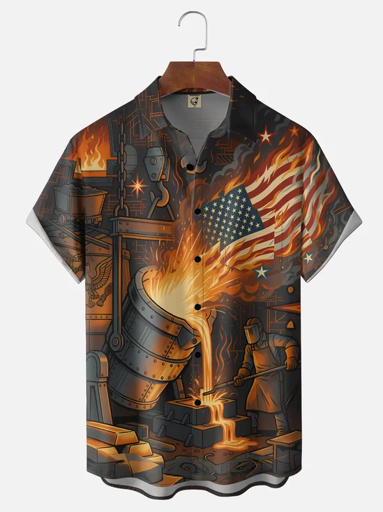Moisture-Wicking US Independence Day Flag & Steelworker Design Chest Pocket Festive Hawaiian Shirt