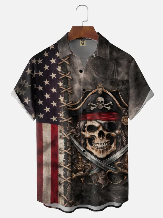 Moisture-Wicking U.S. Independence Day Flag & Pirate Theme Chest Pocket Festive Hawaiian Shirt