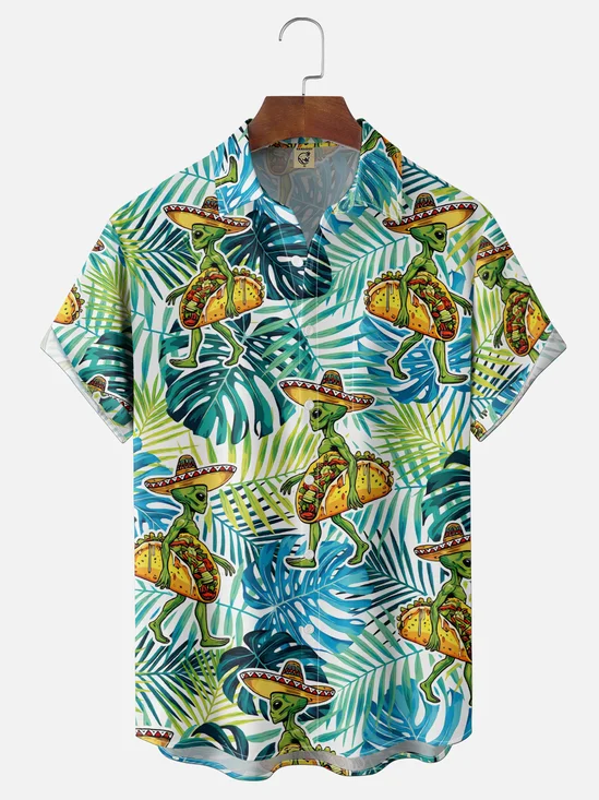 Moisture-Wicking Cinco de Mayo Tropical Floral & Alien Themed Chest Pocket Hawaiian Shirt