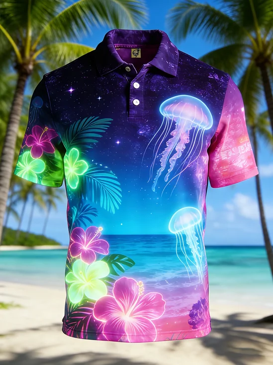 Moisture-Wicking Neon-Colored Ocean Animal Jellyfish & Floral Short-Sleeve Hawaiian Golf Polo