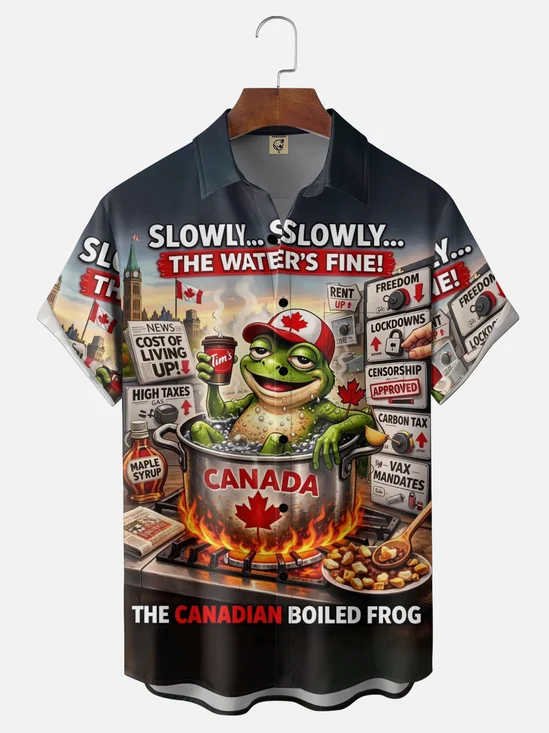 Moisture Wicking Canada Day Maple Leaf Flag Boiling Frog Pattern Chest Pocket Festival Style Hawaiian Shirt