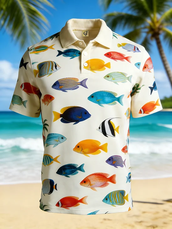 Moisture-Wicking Gradient Ocean Animal & Fish Short-Sleeve Hawaiian Golf Polo