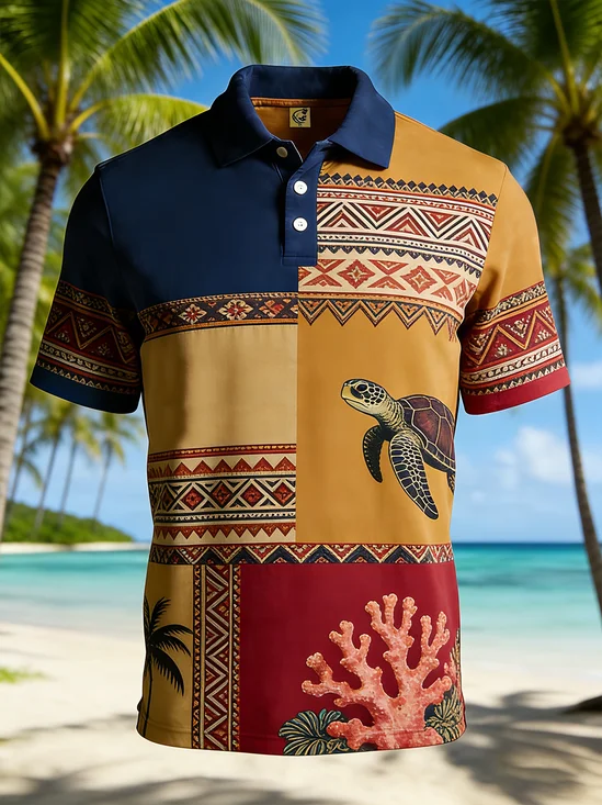 Moisture-Wicking Ocean Animals Turtle & Coral Short-Sleeve Hawaiian Golf Polo