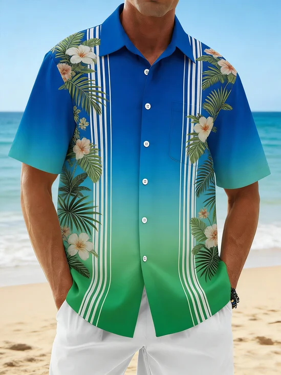 Moisture-Wicking Tropical Gradient Botanical Floral Vintage Car Chest Pocket Detail Festive Hawaiian Shirt