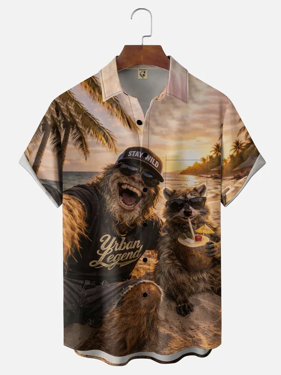 Moisture Wicking Fun Bigfoot Beach Vacation Themed Hawaiian Shirt with Chest Pocket